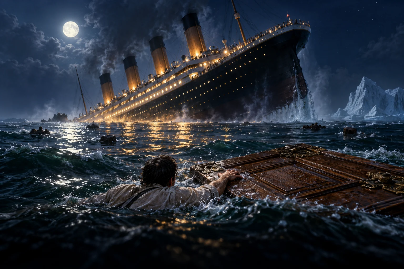 La dernière porte flotte devant le paquebot qui sombre